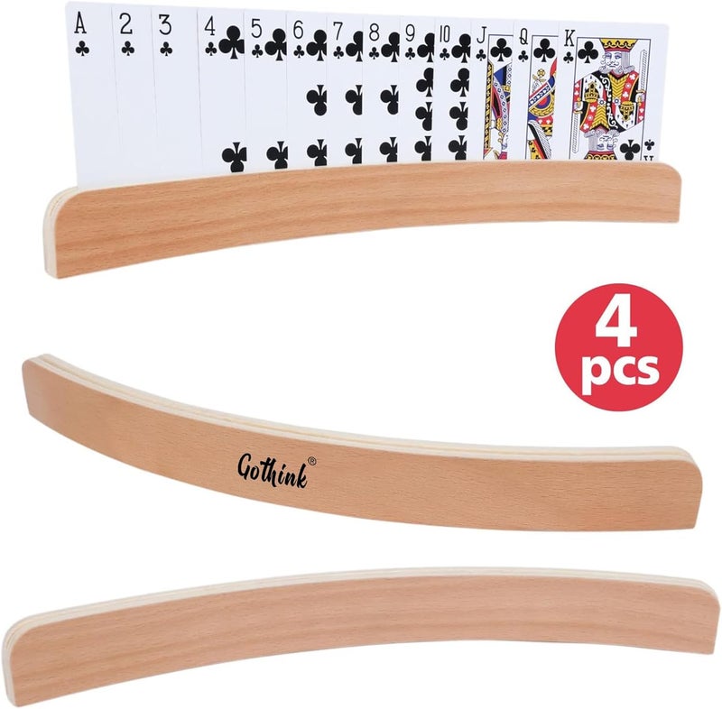 GOTHINK Set of 4 - Wood Curved Playing Card Holder for Kids Adult Seniors Solid Wood Cards Holders for Playing Cards 13.4 x1.4 x 0.5 Inch Non Slip Card Deck for Bridge Canasta Strategy Card Games - Image 3